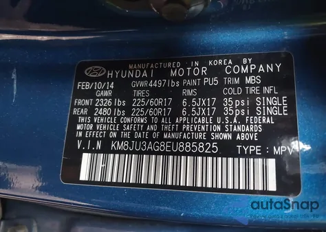 2014 Hyundai Tucson Se from USA, damaged, VIN KM8JU3AG8EU885825